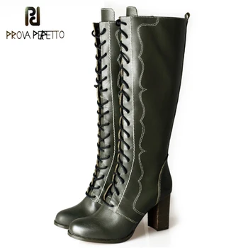 

Prova Perfetto Fashion Genuine Leather With Plush In Warm Lace Up Knee High Boot Women Round Toe Chunky High Heels Martin Boots