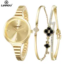 LIANDU Brand Luxury Crystal Gold Watch Women Bracelet Watch Set Ladies Analog Clock Quartz Wrist Watch Relojes Mujer