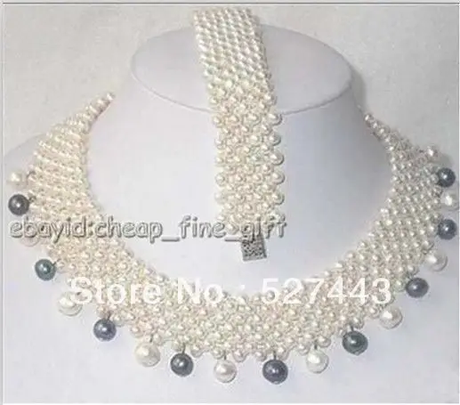 

Wholesale free shipping >>Noblest White Black FW Pearl Handcraft 7 Rows Necklace Bracelet Set