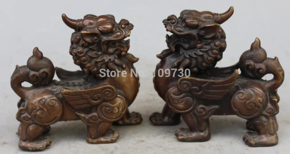 

001327 13CM Chinese Bronze Fengshui Phylactery Guardian Beast Pixiu unicorn pair Statue