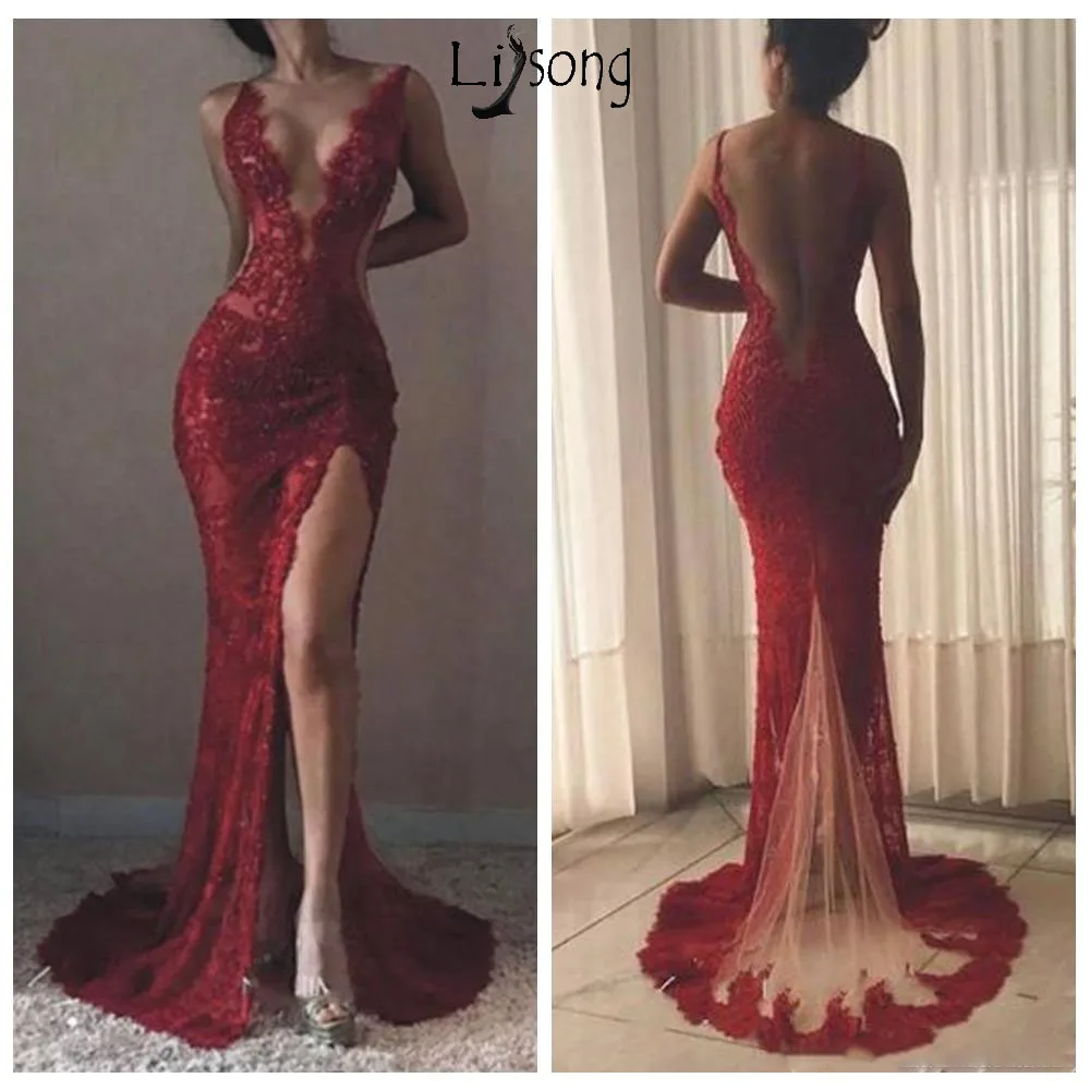 2019 Sexy Mermaid Prom Evening Dress Long Deep V Neck Backless Sweep Train Lace Applique Tulle Side Slit Party Cocktail Dress Evening Gowns139