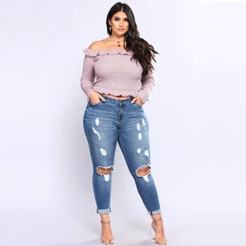 

PLUS fashion Jeans Women High Waist Skinny Pencil Blue Denim Pants women ripped hole washed Jeans women 4XL 5XL 6XL 7XL big hip