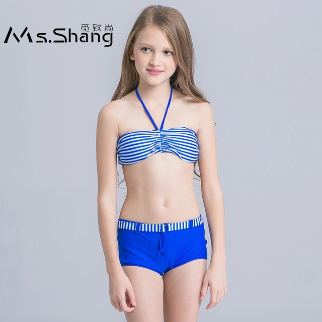 8-16 Years Teenager Girl Swimwear Striped Two Piece Children Swimsuit with  Trunks Girl Bandeau Bikini