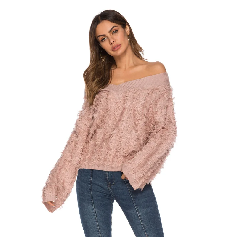 Tassel Pullover Sexy V-neck Knitted Sweater Women Female Autumn Winter New Fashion Long Sleeve Over Sized Sweater Knitwear Tops