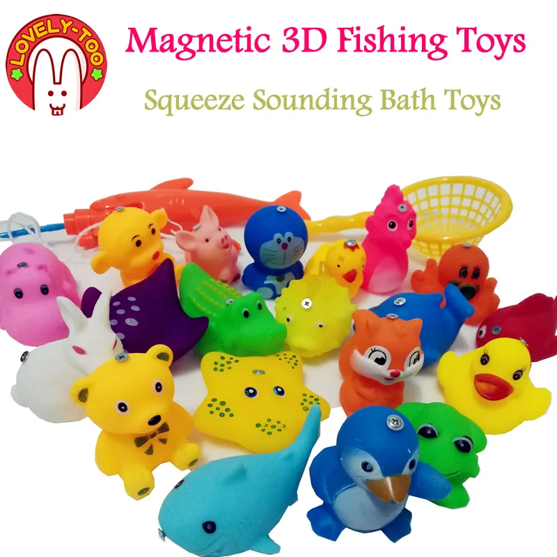 Lovely Too 28pcs Magnetic Fishing Game toy Squeeze Sounding Baby Bath Toys Soft Rubber Kids Children