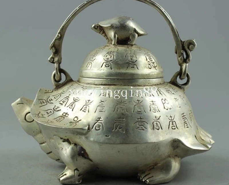 

China Feng shui Silver tortoise animal Turtle teapot Wine Tea Pot Flagon Statue