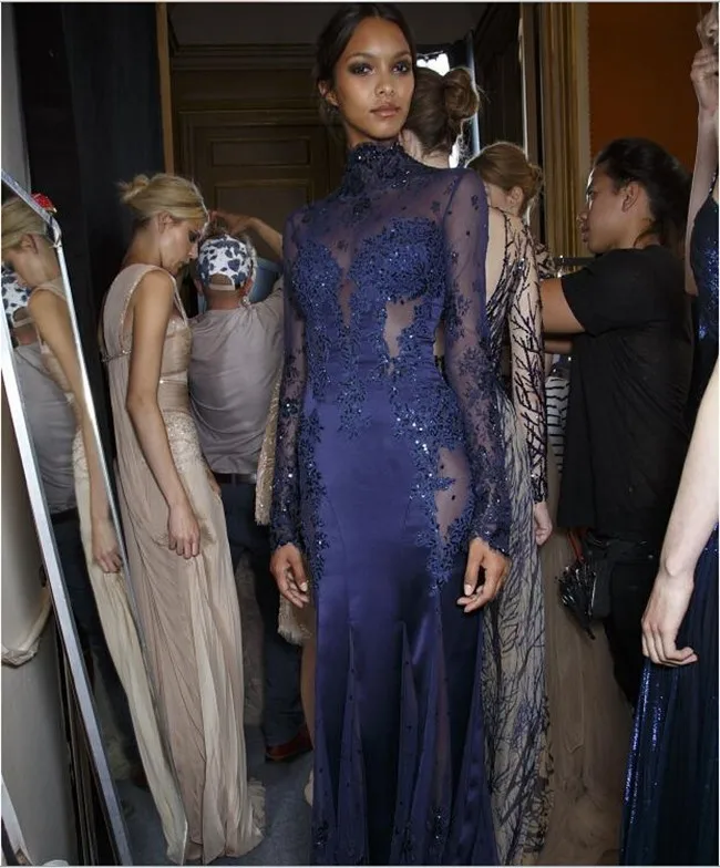 High Neck Formal Evening Dresses Long Sleeve See-through Back Beaded Appliqued Prom Celebrity 2016 New Arrival Formal Dress ME0017