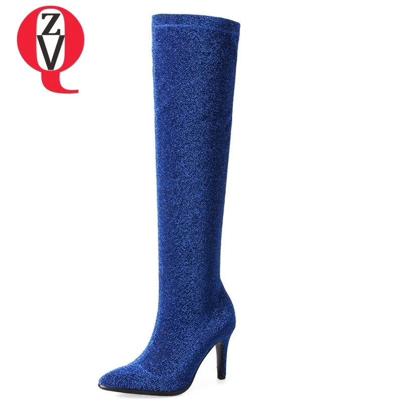 

ZVQ high quality stretch fabric 2018 new fashion sexy super high thin heels pointed toe slip-on three colors knee high boots