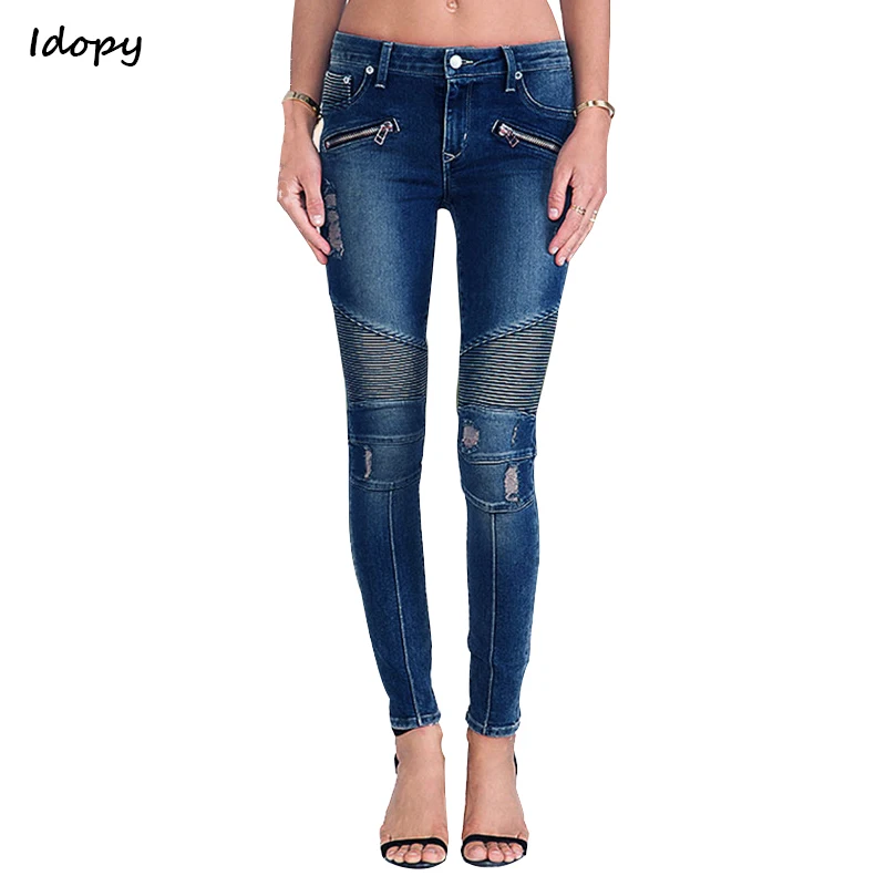 Idopy для женщин байкер джинсы для Ripped Distressed Skinny Fit Эластичный Винтаж дизайнер джинсовые мотоциклетные брюки леди