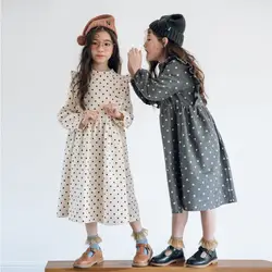 Весенняя и Осенняя модная Корейская версия в горошек одежда с длинным рукавом раффлед-line бархат платье для девочек