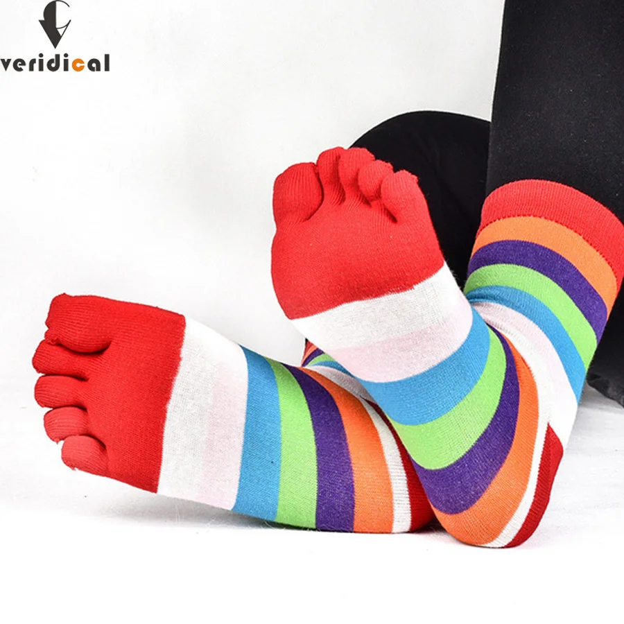 

VERIDICAL Fashion Colorful Striped Women Toe Socks Female Crew Striped Cotton Sock Ladies Casual Cute Five Fingers Socks/5 Pairs