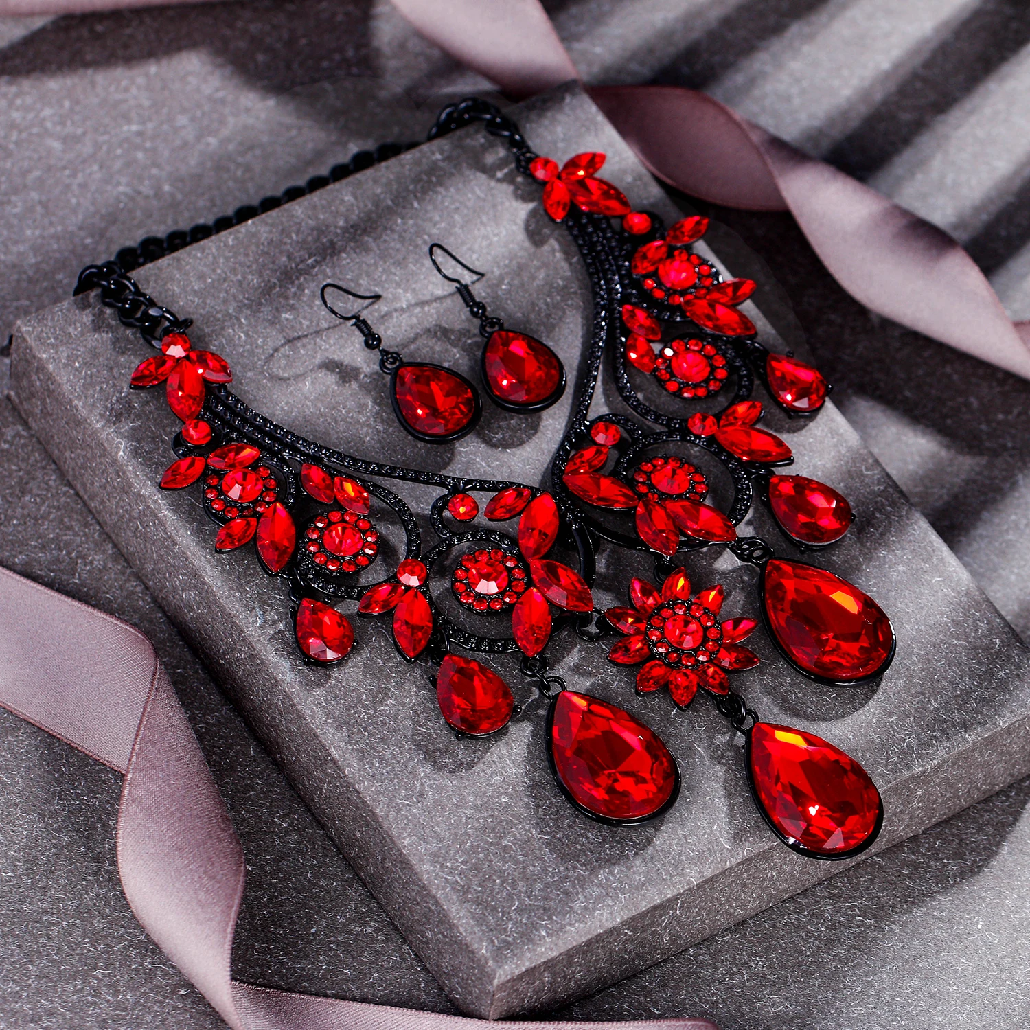 Tuliper Сержи Ретро цветок ожерелье серьги набор кристалл мода набор украшений для женщин вечерние колье ожерелье мангальсутра