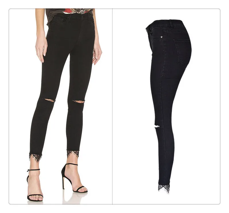 European and American women's wear high waist slender body elastic wash knees broken holes jeans nine trouser leg stitching lace super popular (2)