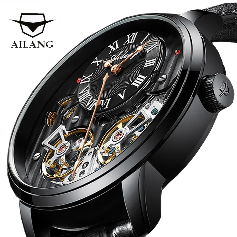 AILANG Jam Tangan Hitam Jam Tangan Pria Tourbillon Ganda Mahal Jam