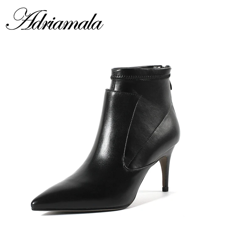 

2018 Genuine Leather Ladies High Heel Boots Pointed Toe Thin Heels Zipper Cow Leather Motorcycle Boots Women Fashion Adriamala