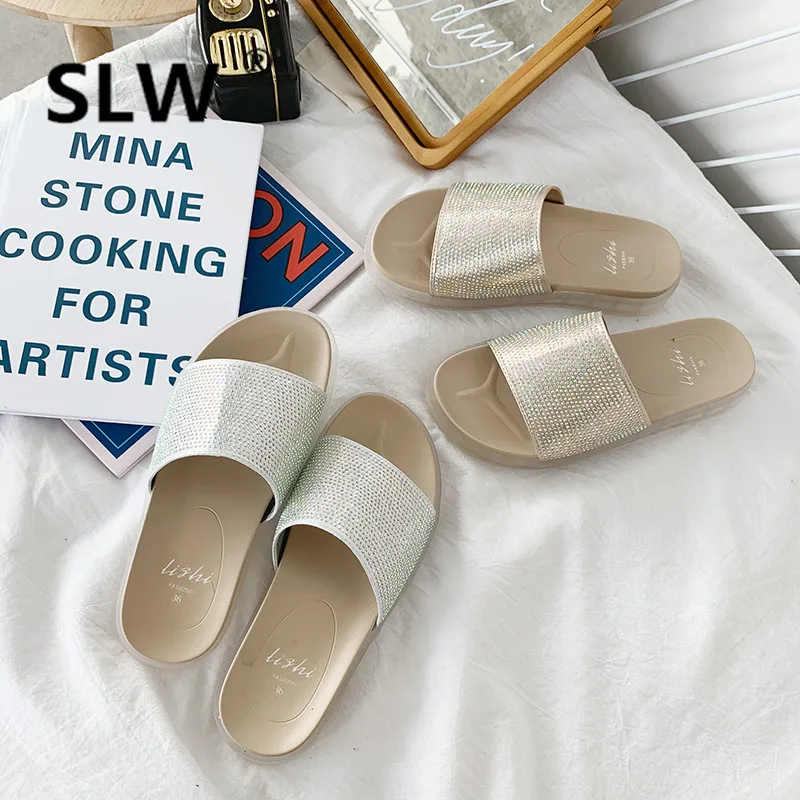 

Slippers Women Summer Low Glitter Slides Ladies Flip Flops Flock Shoes Without Heel Platform Lady Crystal Flip-flops Flat