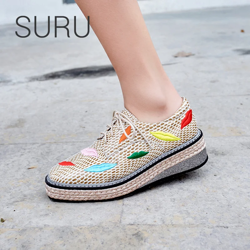 

SURU Ladies wedges platform sneakers sheos women embroidered lace up square toe casual shoes black or apricot size 34-39