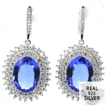 

12.4g Real 925 Solid Sterling Silver Deluxe Top Blue Violet Tanzanite CZ Wedding Earrings 44x21mm
