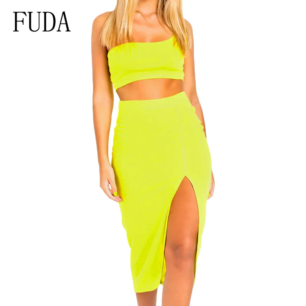 

FUDA Sexy Two Piece Sets One-shoulder Top and High Split Dress Women Summer Sleeveless Hollow Out Open Back Female Dresses