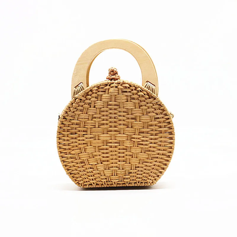 

Hand Woven Wooden Handle Rattan Knit Bag Camel New Straw Bag Shoulder Messenger Beach Bag 2019 new Bohemian style