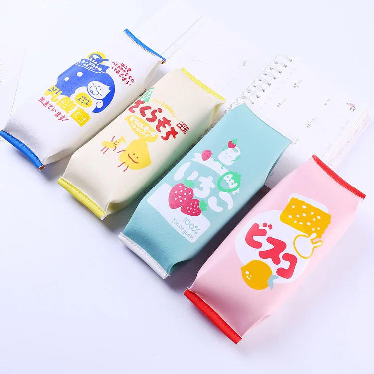 

Creative cute pencil case kawaii milk carton leather pencil case for student school supplies korean stationery