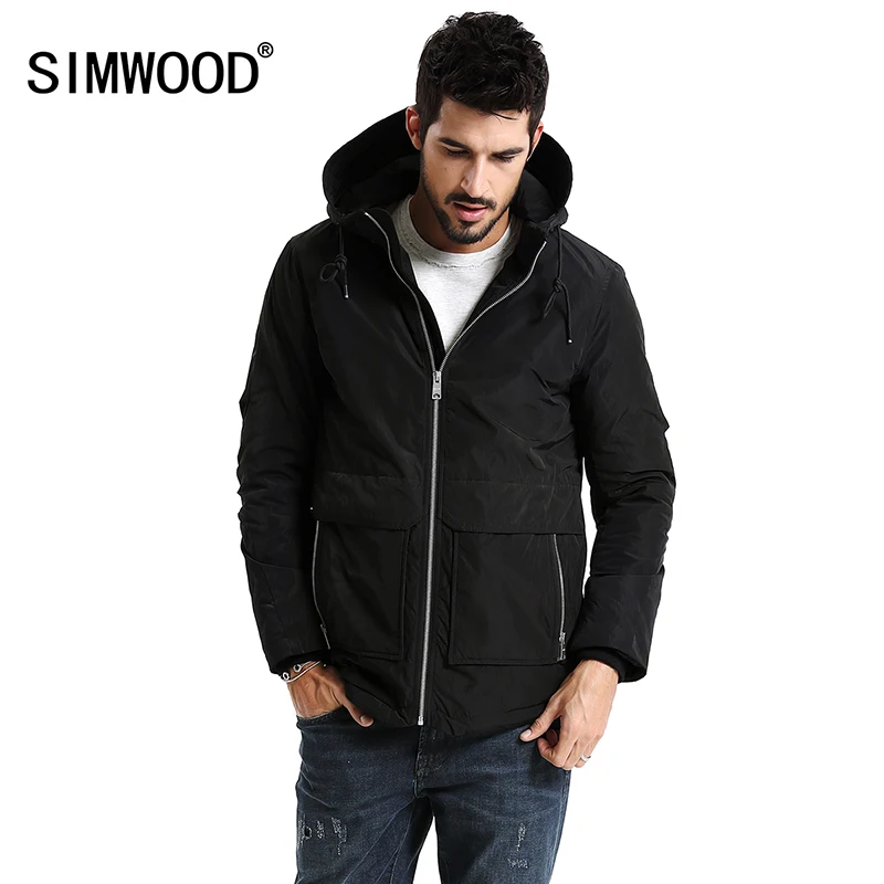 

SIMWOOD New 2019 Winter Men Outerwear Plus Size Polyester Thin Fashion Mens Jacket parka Spring Casual Black Warm Coat MC017003