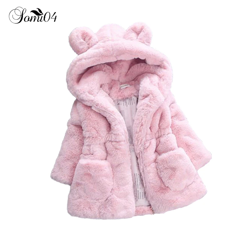 

Girls Winter Outerwear Faux Fur Coats 2018 New Trend Children Hooded Thick Cotton Kids Girl Cute Ears Pink Black Beige Jackets