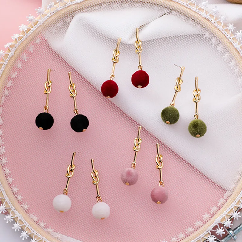 

2019 New Design Korean Cute Gold Knot Initial Red Black Green Pink White Ball Drop Earrings For Women