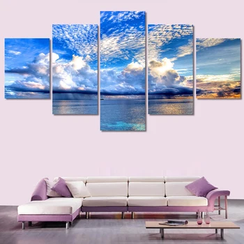 

Blue Clouds Blue Sea And Sky 5 Panels / Set Hd Canvas Print Painting Artwork, Wall Art Picture Gift For Living Room Unframed