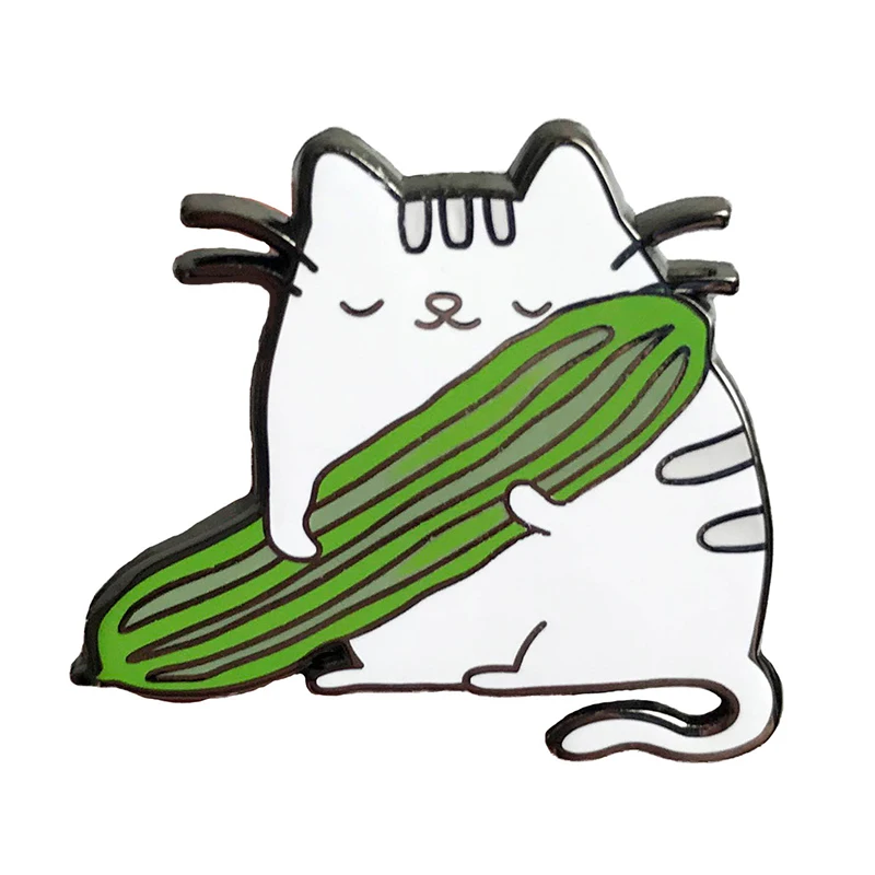 

Cat Enamel Pin Cat Hugging Cucumber badge brooch