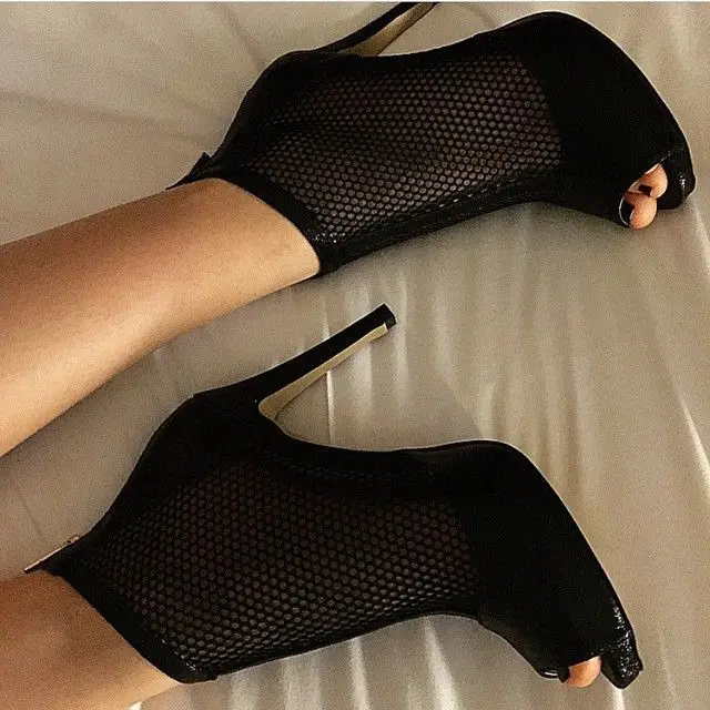 Black suede mesh short boots high heel open toe slim fit patchwork breahthable nice dress pumps dropship party shoes