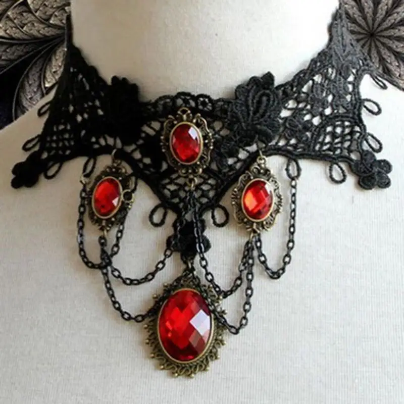 

Victorian Gothic Halloween Red Rhinestone Charms Vampire Maxi Necklace Choker Fashion Cocktail Evening Party Dress Jewelry