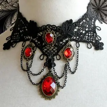 Victorian Gothic Halloween Red Rhinestone Charms Vampire Maxi Necklace Choker Fashion 2017 Cocktail Evening Party Dress Jewelry