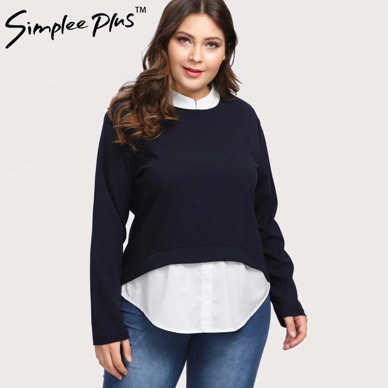 

Simplee Plus Women`s Shirts Casual Loose Chiffon Long sleeve Autumn Blouse Patchwork Faux two piece Oversize Shirts Plus size