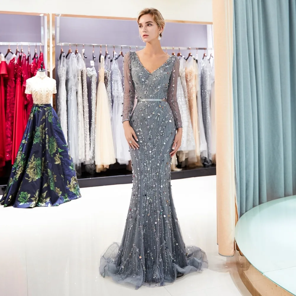 Walk Beside You Gray Long Evening Dresses Mermaid Long Sleeves Beaded Sequined Bling Shiny Prom Gowns Vestidos Formales Para