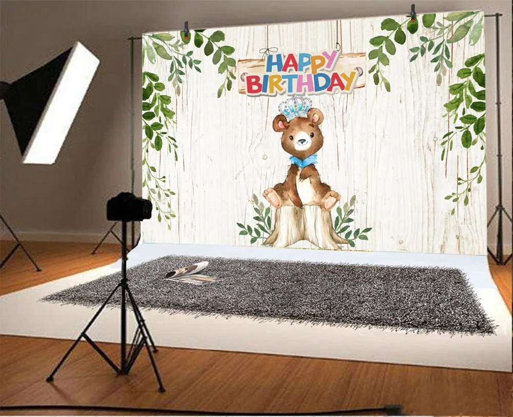 Laeacco Baby Birthday Teddy Bear Baby Cartoon Party Gray Wall Tree Photo Backdrop Photography Backgrounds Photocall Photo Studio