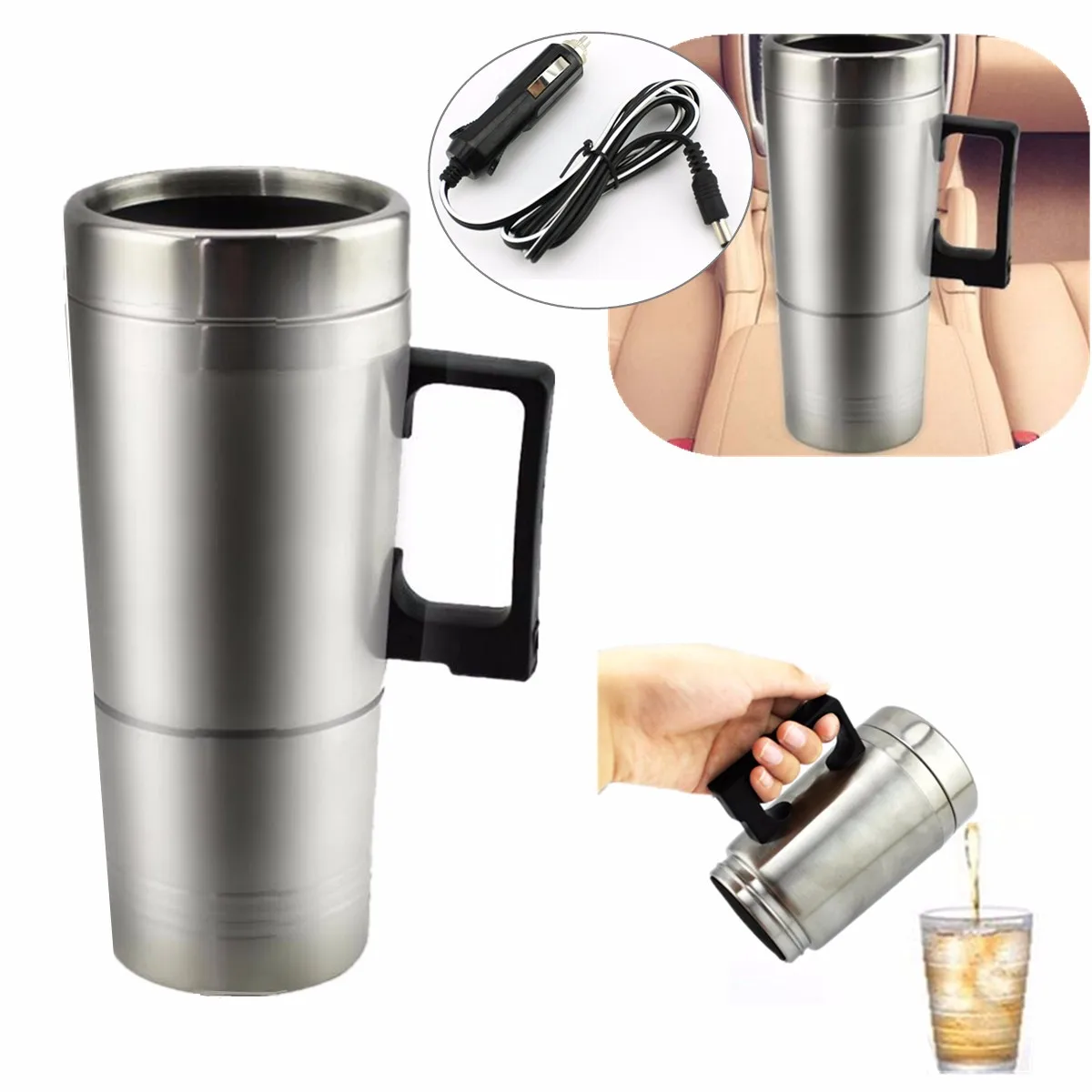 Stainless Steel 12V Car Heating Cup Milk Water Tea Coffee Bottle Warmer