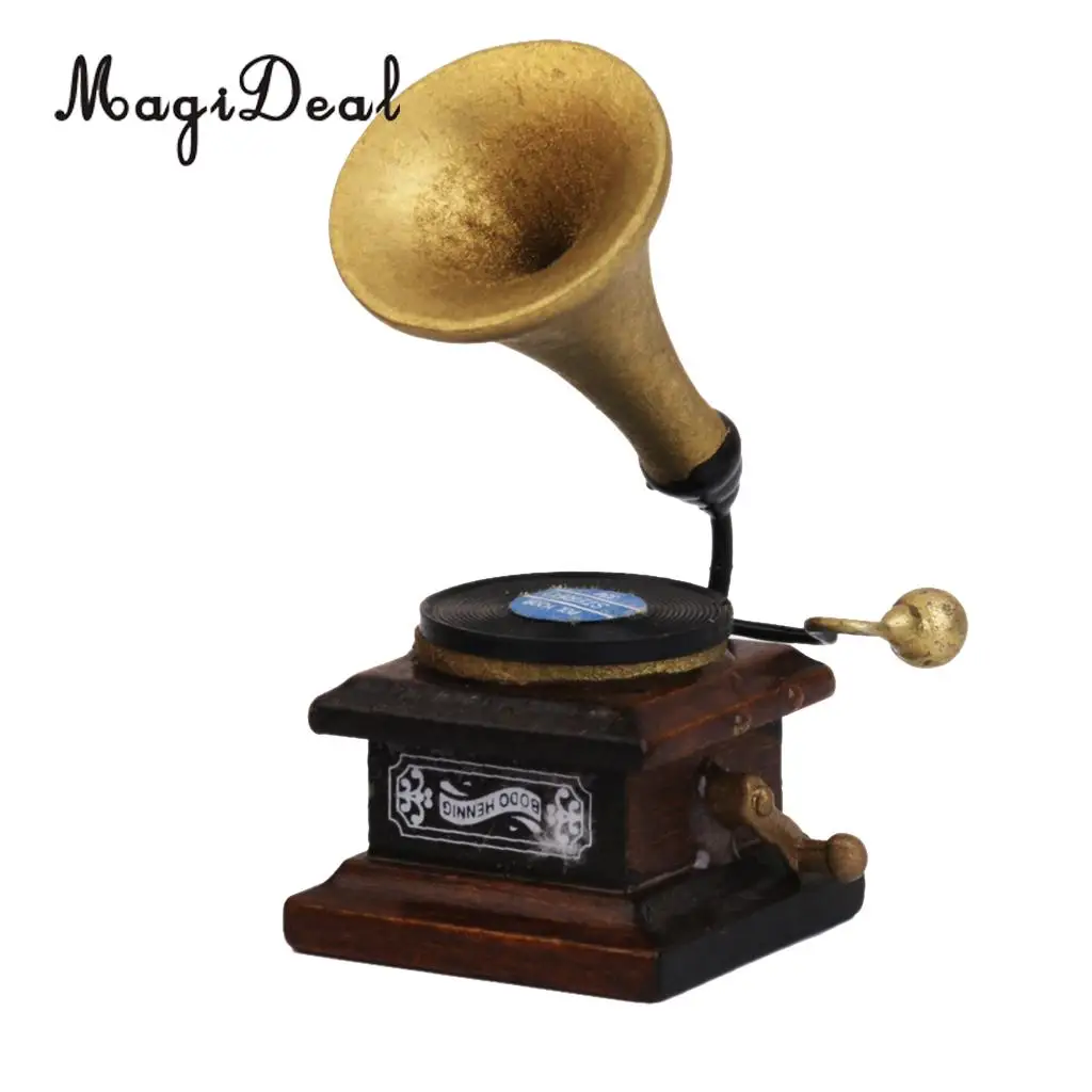 MagiDeal 1/12 Wood Miniature Phonograph Record Player Handicrafts Model for Dollhouse Garden Bedroom Living Room Decor Kids Toy