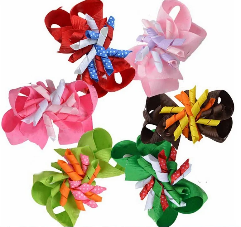 100pcs Girl curly ribbon headwear korker bows clip hair bows layered