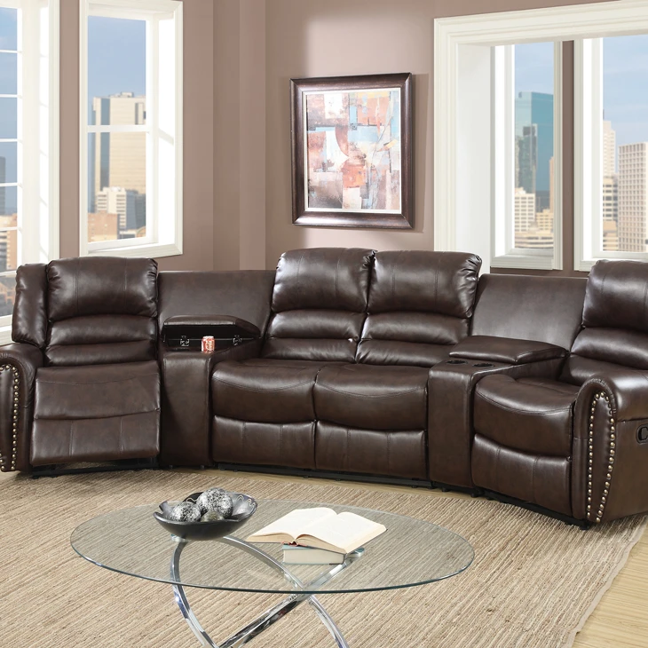 Bonded Leather Motional Home Theater 5 Piece Sectional Brown