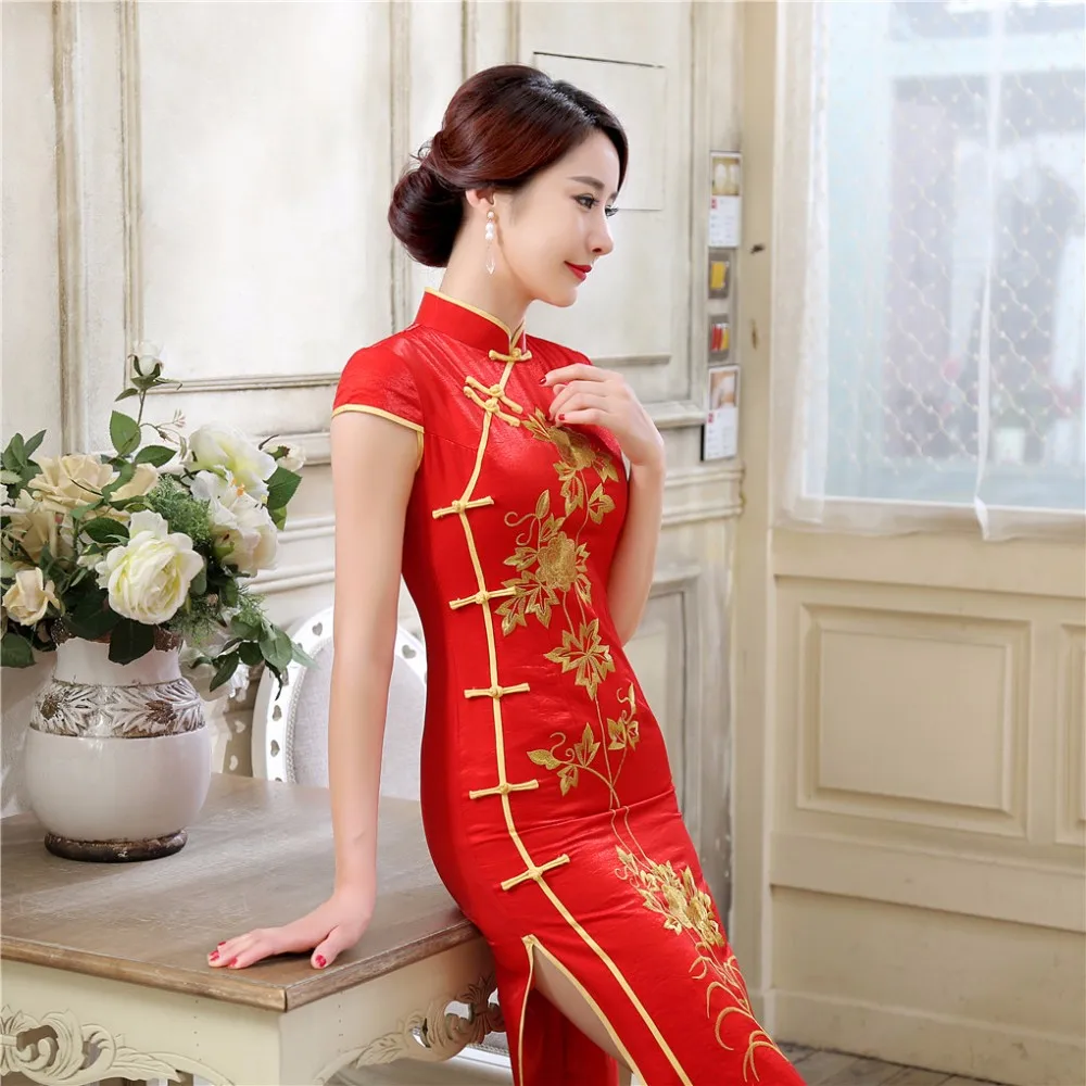 Шанхай история стиль китайское традиционное платье красное свадебное платье длинное вечернее платье Цветочная вышивка Ципао