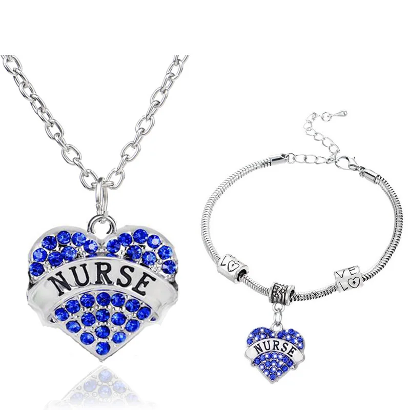 

3 Colors Engraved Family Gift Love Heart Nurse Necklaces Set,Crystal Charm Doctor Pendant Bangle Bracelet Party Women Jewelry