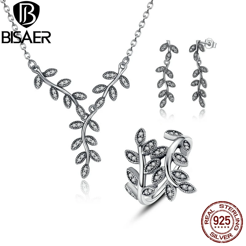 

BISAER 925 Sterling Silver Sparkling Leaves Leaf Long Drop Earrings Silver Jewelry Sets Zircon Dubai Sterling Silver Jewelry