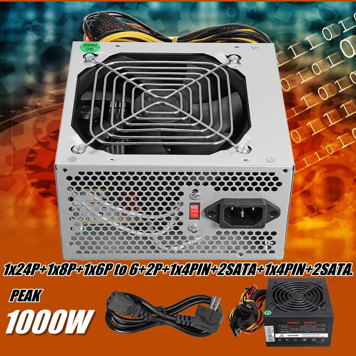 

Sliver Max 1000W 110~220V 20+4PIN Power Supply For SATA Inter & AMD Dual ATX PC Computer Mining Machine