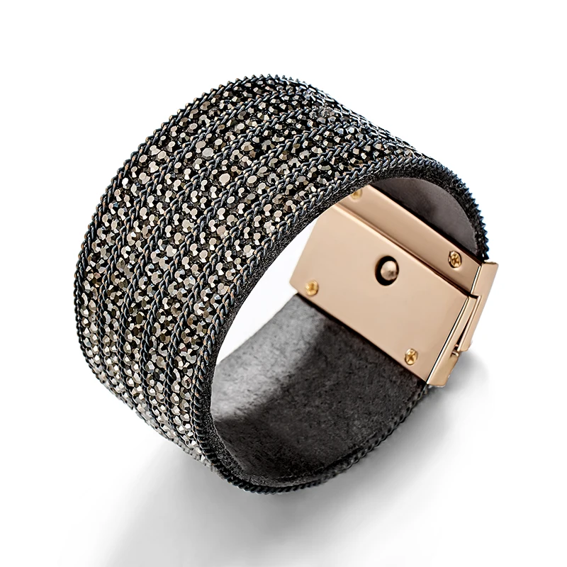 SHUANGR женский мужской кожаный браслет магнитный Femme Cystal Sequins проложили богемные широкие манжеты браслеты и браслеты женские ювелирные изделия - Окраска металла: S00181