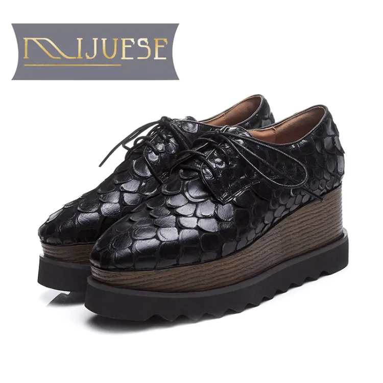 

MLJUESE 2018 women flats sheepskin lace up black color platform loafers casual shoes creeper shoes women size 34-42