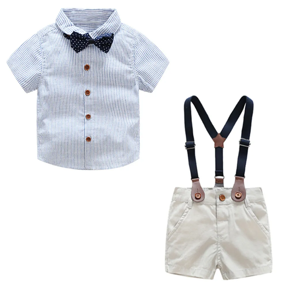 

Baby Boys Gentleman Suits Summer Short Sleeve Stripe Bow tie Shirt +Overallss Shorts Infant 2pcs Outfits