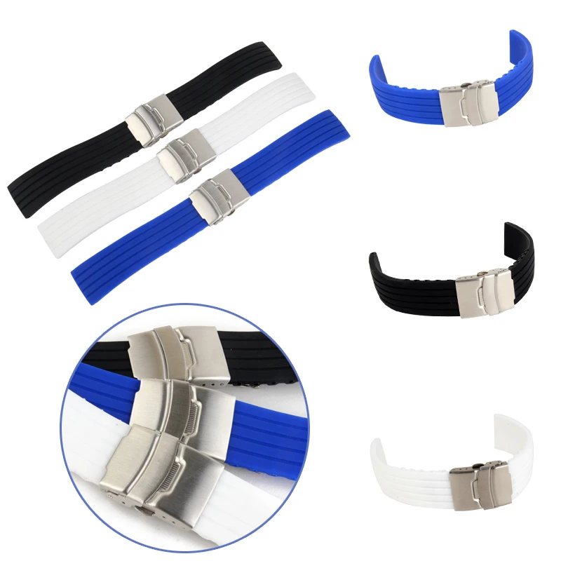 20mm 22mm reloj hombre Silicone Rubber Watch Strap Deployment Buckle Waterproof Band Sport Wrist Sweatband Watch Straps Band