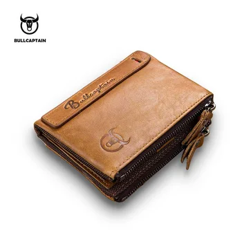 

Bullcaptain RFID Men male Zipper Minimal Wallet Vintage Genuine Leather Card Holder 2 Zipper Pockets Coin Bag Wallet For Men