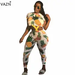 VAZN FSL020 возраст снижение сексуальный стиль ананас печати короткий рукав топ длинные штаны Elasti спортивный костюм открытый женский 2 шт